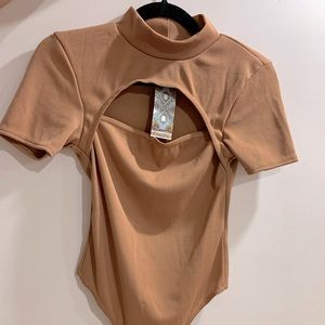 Camel Bandage Rib High Neck Cut Out Bodysuit